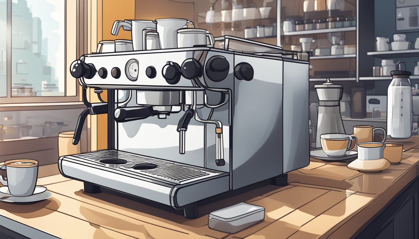 A sleek espresso machine sits on a clean, modern countertop in a bustling cafe, surrounded by steaming cups and the sound of frothing milk