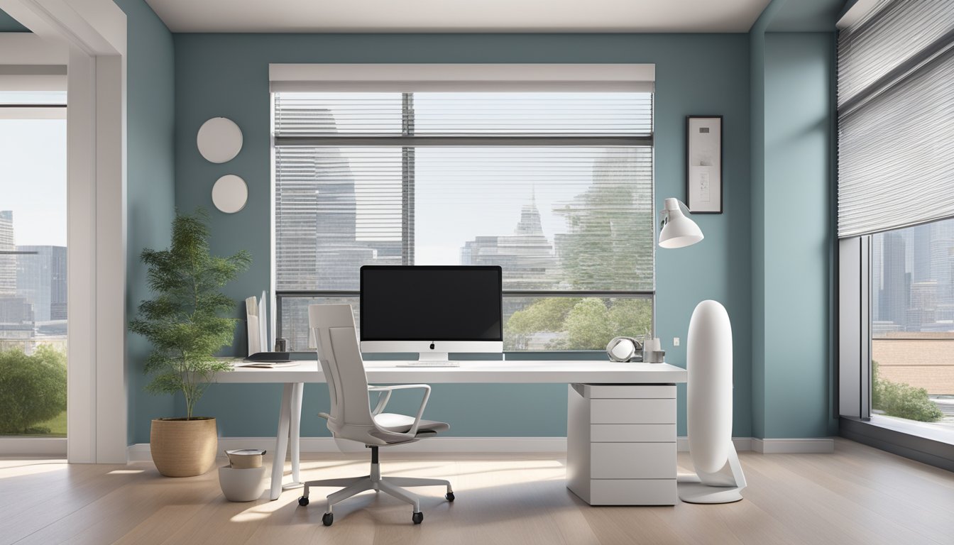 A sleek bladeless fan sits on a modern desk, surrounded by a clean and minimalist office space. The fan's design exudes elegance and efficiency, with its smooth curves and advanced technology