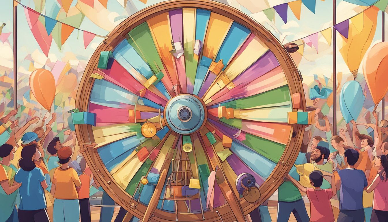 A spinning wheel with various prize options, surrounded by excited participants