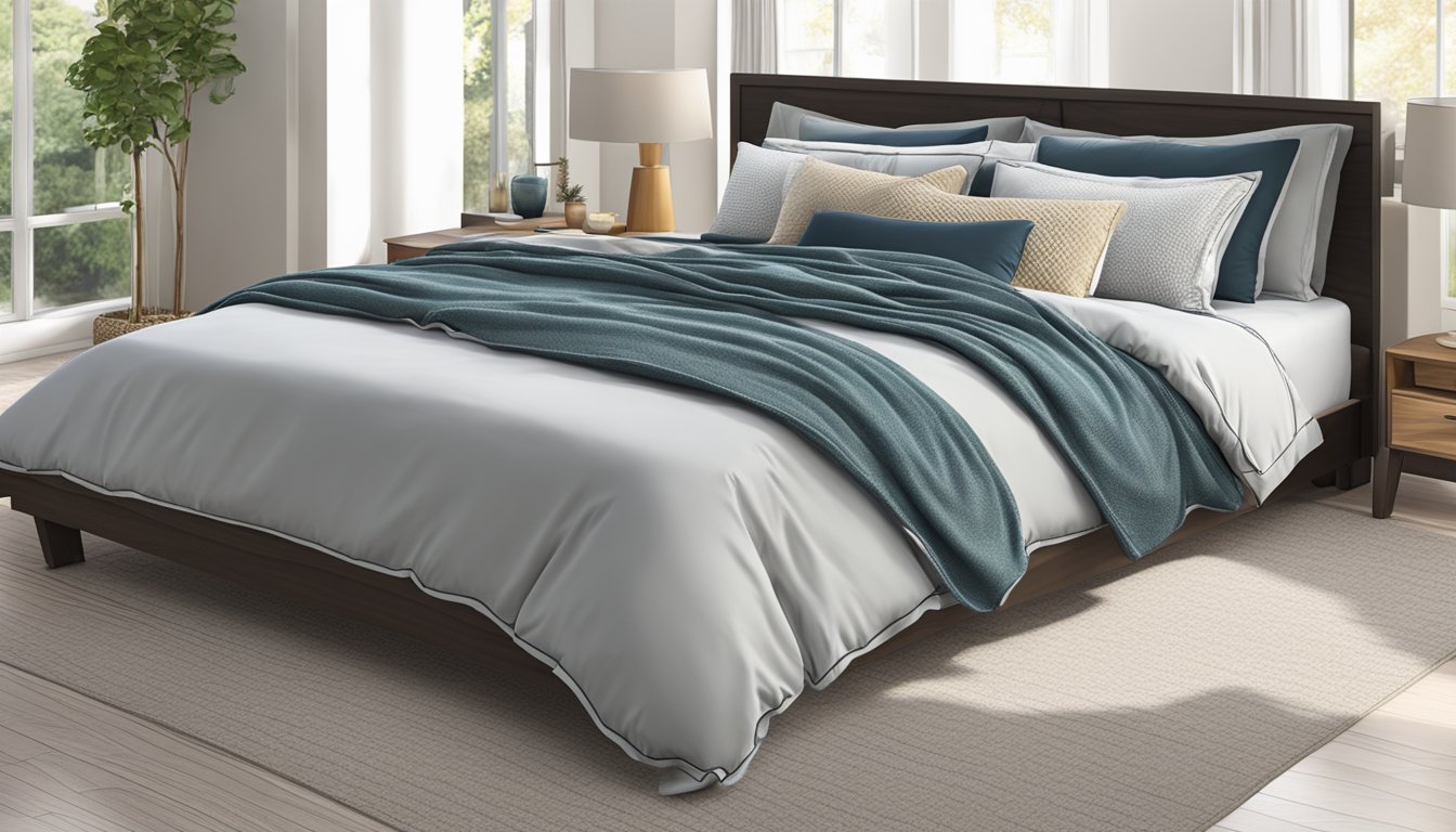 A king-size bed with pillows, a duvet, and a throw blanket. The bed measures 76 inches wide and 80 inches long