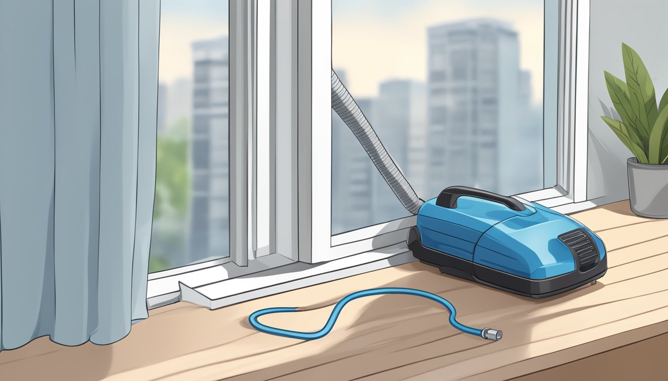 A hand holding a vacuum cleaner nozzle, cleaning the air filter of a window aircon unit. A cloth and spray bottle sit nearby for additional maintenance