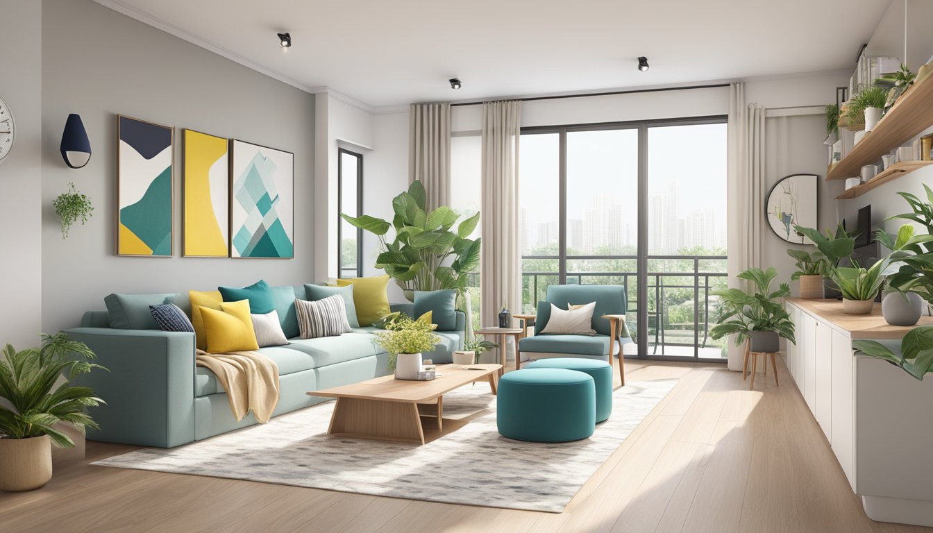 A bright and airy 4-room HDB flat with modern furniture, plants, and pops of color. Open concept living and dining area with ample natural light
