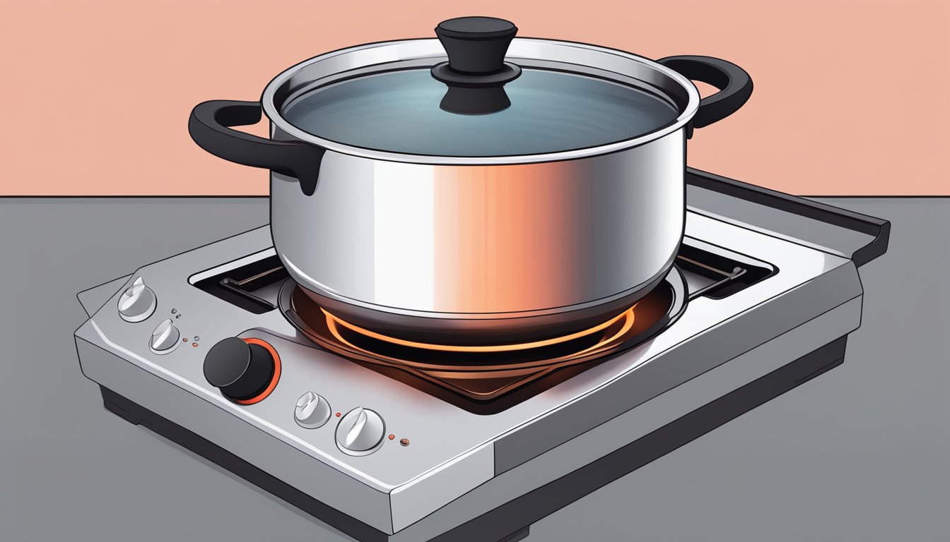 A pot sits on an infrared cooker, emitting a soft red glow as it heats up the contents inside