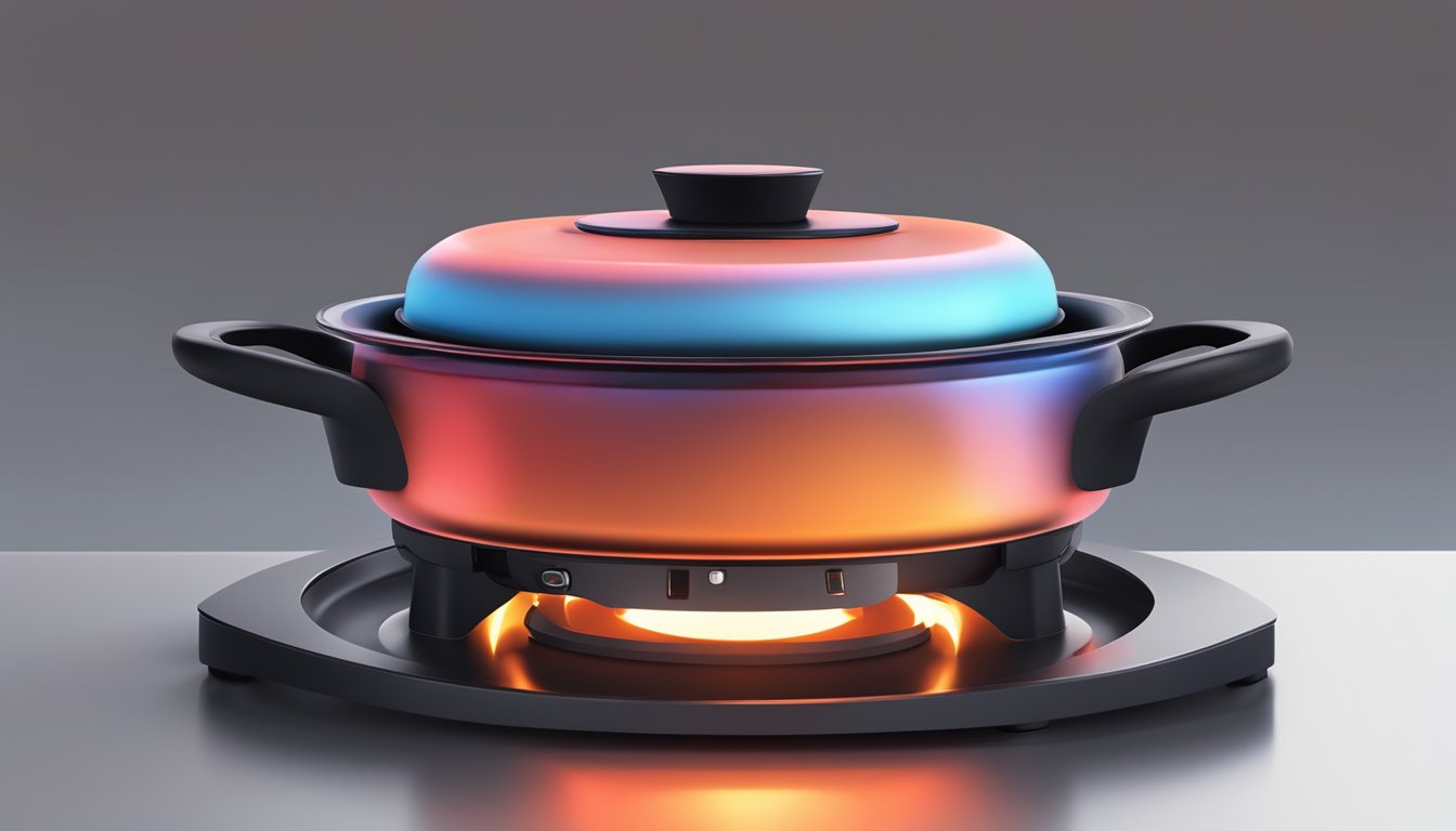 A pot sits on a sleek, black infrared cooker, emitting a soft red glow as it heats the contents inside