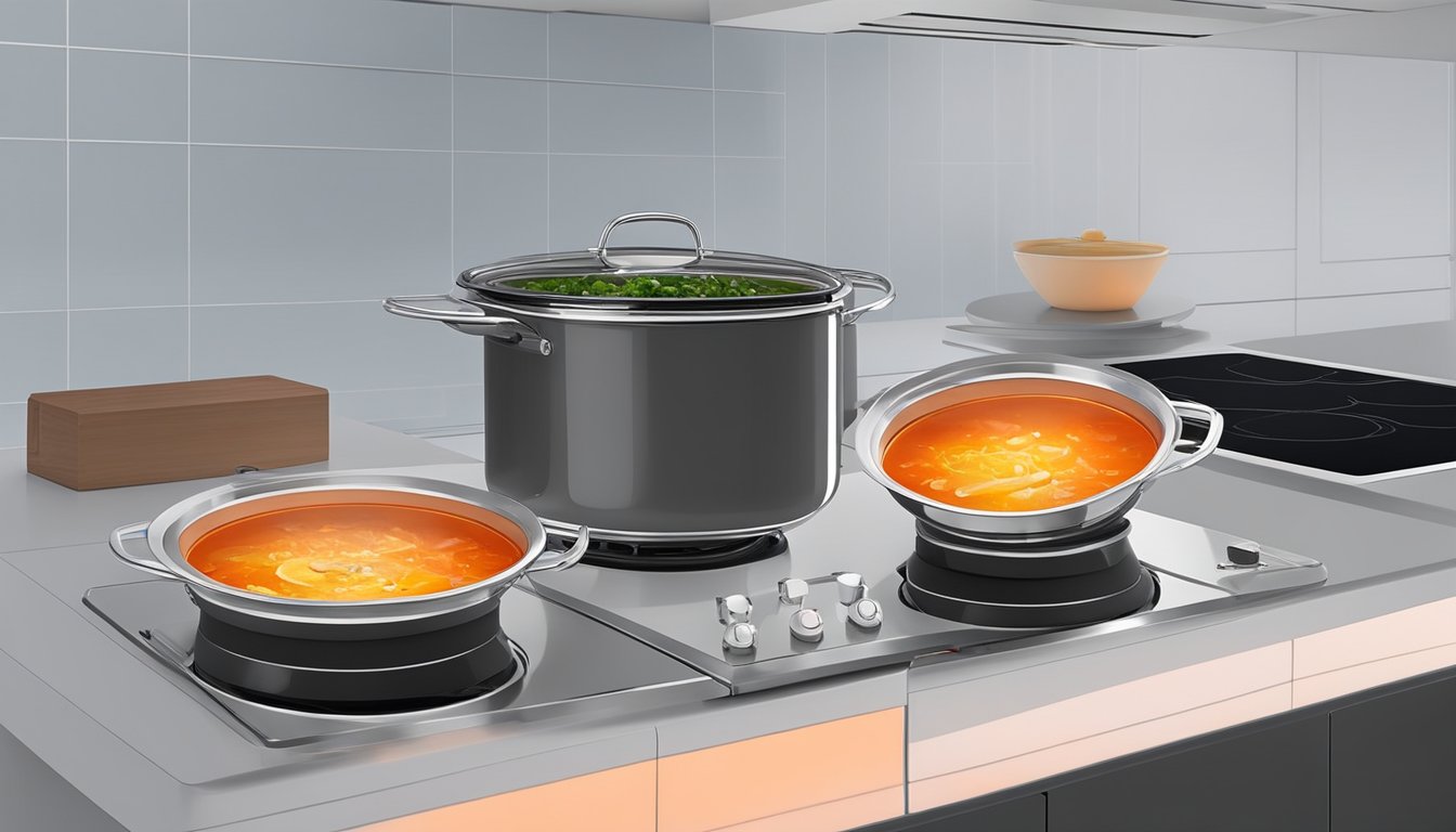 A pot of soup sits on an infrared cooker, emitting a gentle red glow. The sleek, modern design and practicality of the cooker are evident in the clean lines and efficient heat distribution