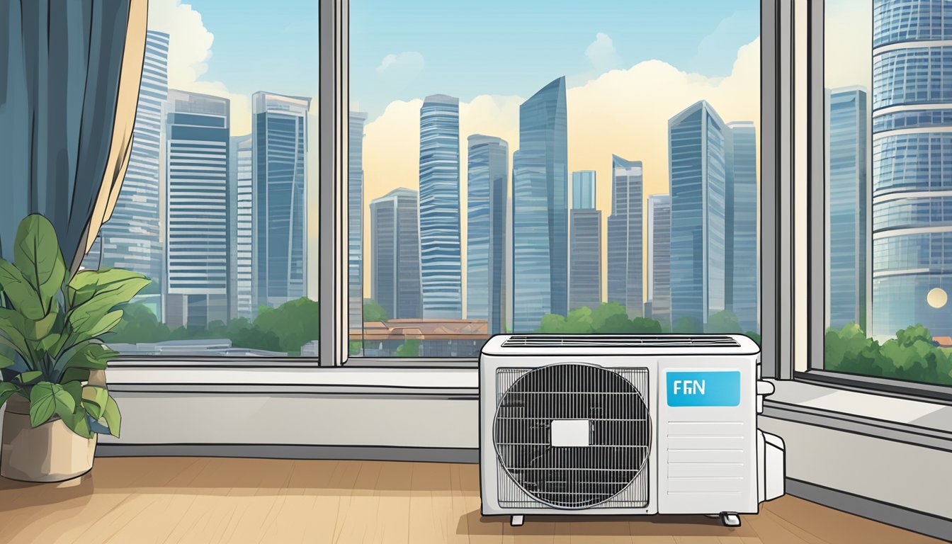 A window air conditioner with "Frequently Asked Questions" displayed on the screen, set against the backdrop of the Singapore skyline