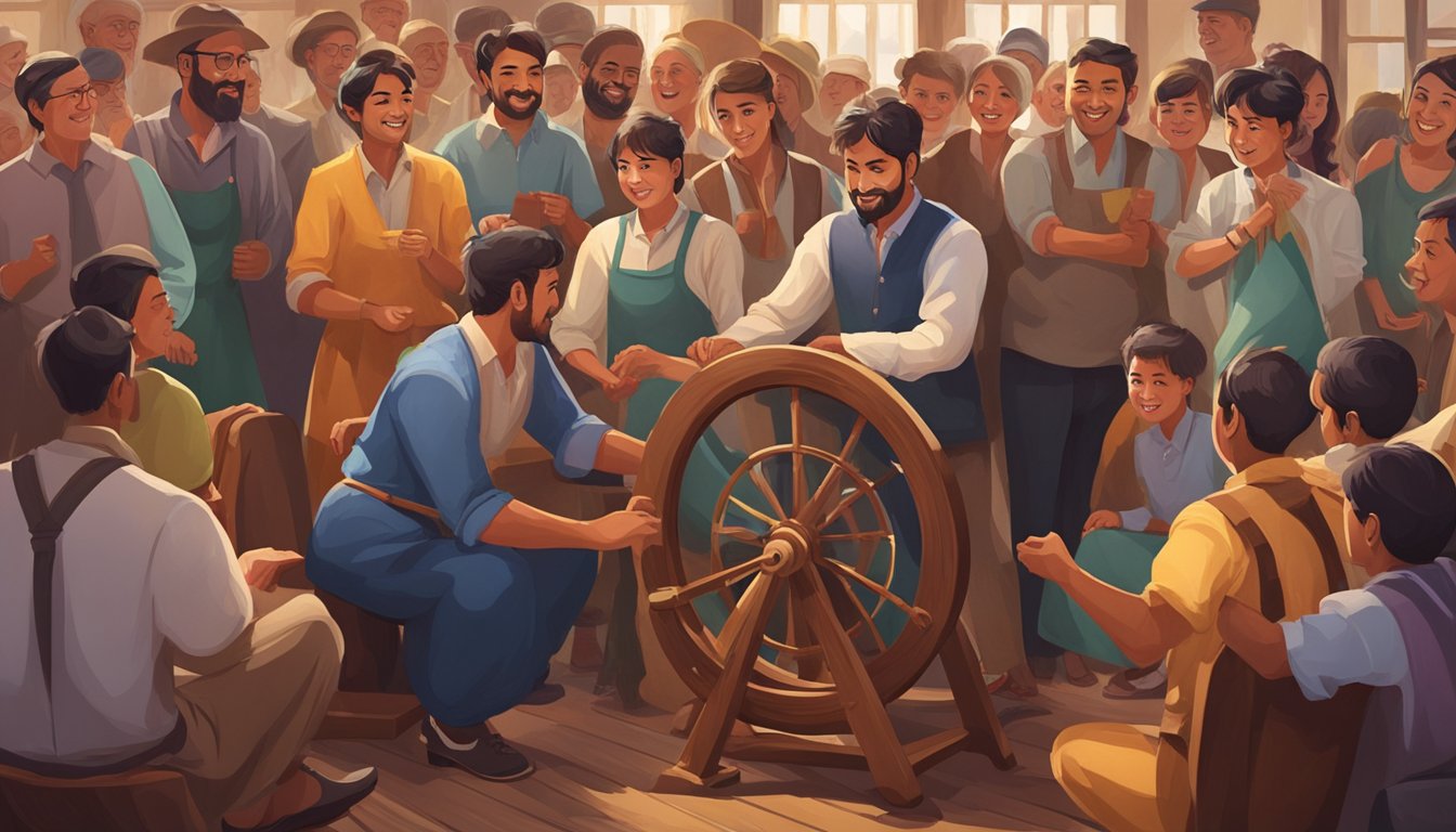 A group of people eagerly gather around a spinning wheel, each hoping to win one of the exciting prizes displayed nearby. The atmosphere is filled with anticipation and excitement as the lucky draw gets underway