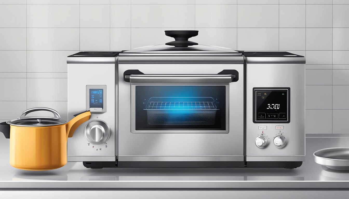 An infrared cooker with a digital display and touch control panel. Steam rises from a pot on the stove, while a timer counts down