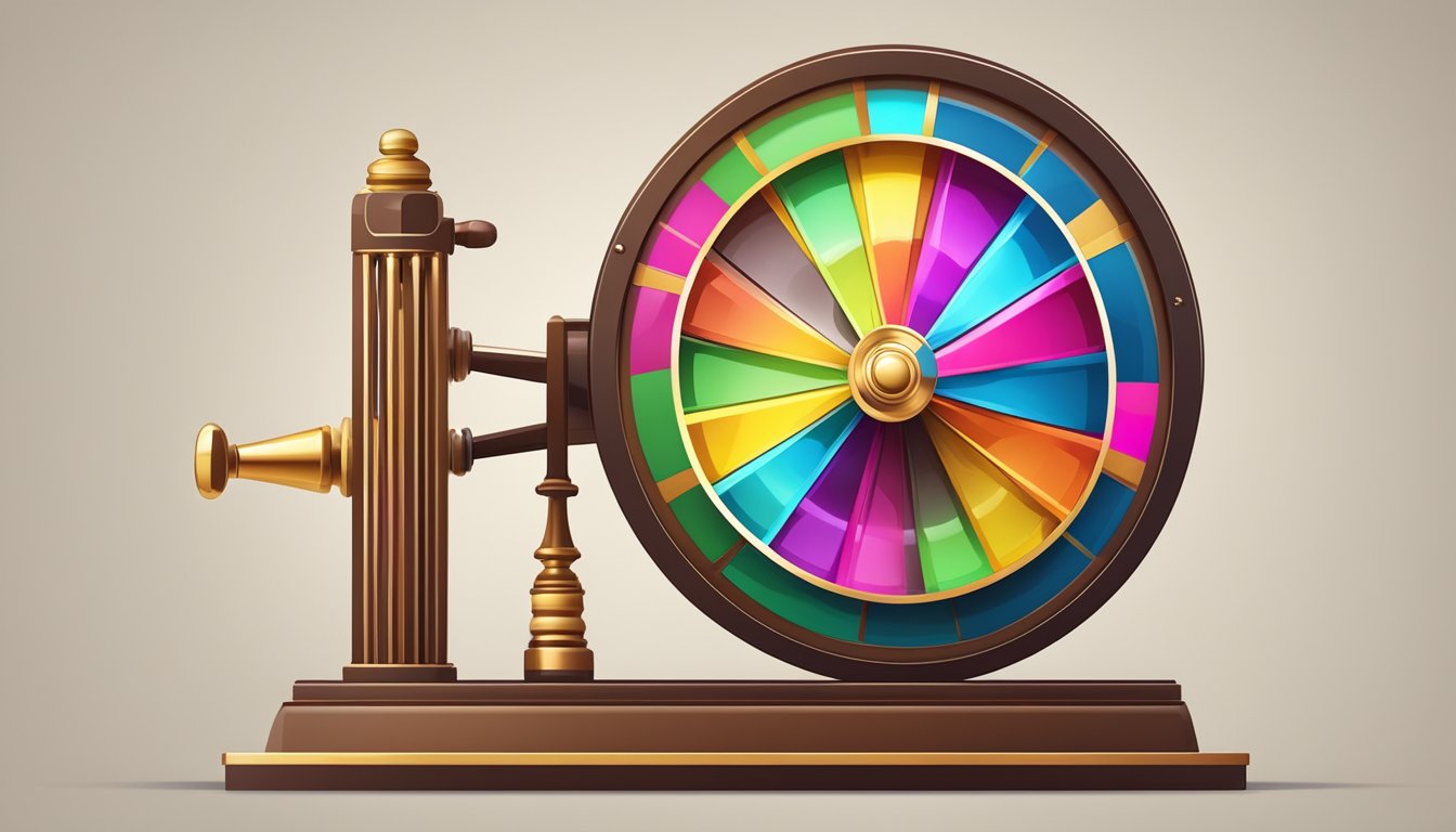 A spinning wheel with colorful segments displaying various prize options