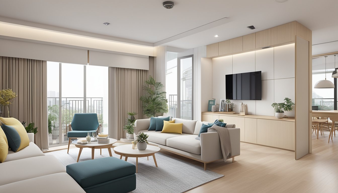A modernized 4-room HDB with sleek, space-saving furniture, smart storage solutions, and stylish decor. Light, neutral colors and clean lines create a minimalist yet inviting atmosphere
