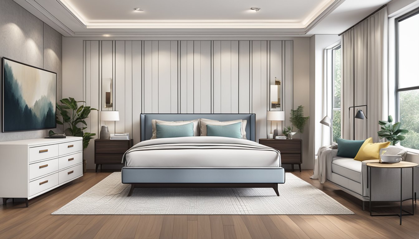 A spacious bedroom with ample floor space and minimal furniture. A king-size bed is the focal point, positioned in the center with room for easy access on all sides