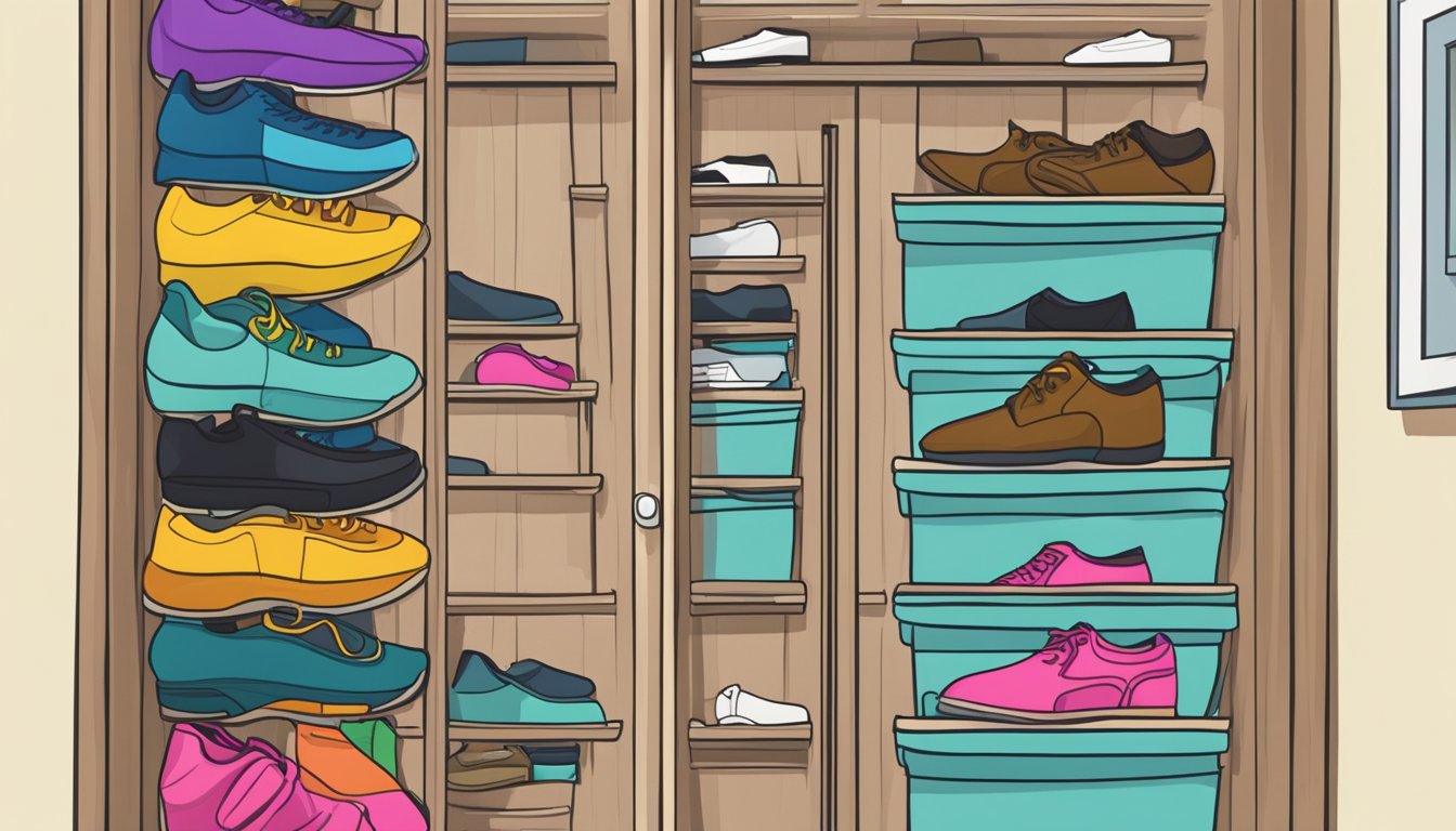 A shoe organizer hangs neatly on a closet door, with various pairs of shoes neatly arranged in the pockets