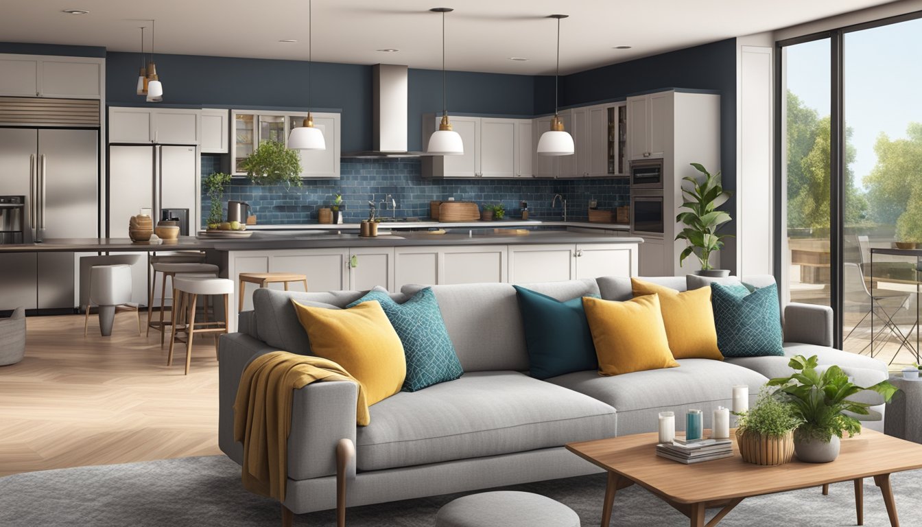 A cozy living room with modern furniture and vibrant decor. A spacious kitchen with sleek countertops and ample storage. A stylish bathroom with contemporary fixtures and a relaxing ambiance