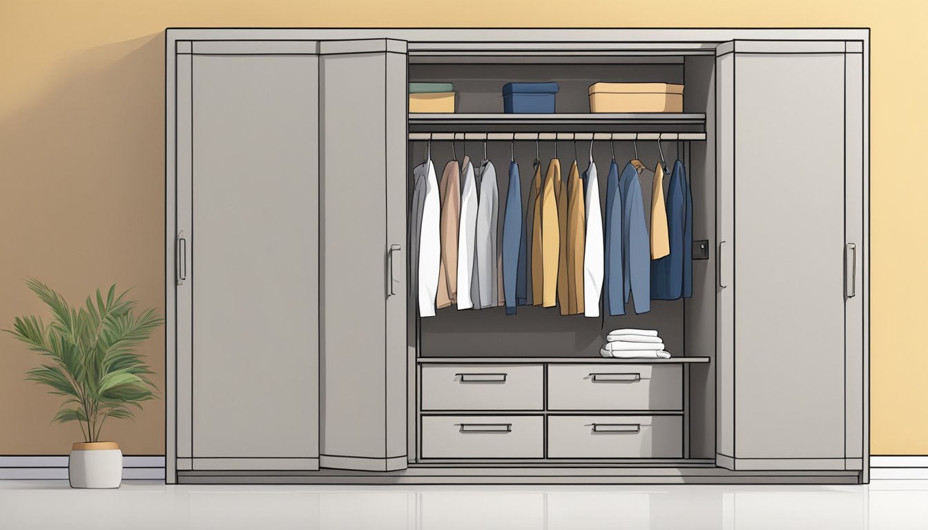A small sliding wardrobe stands against the wall, with two doors partially open, revealing neatly folded clothes and shelves inside