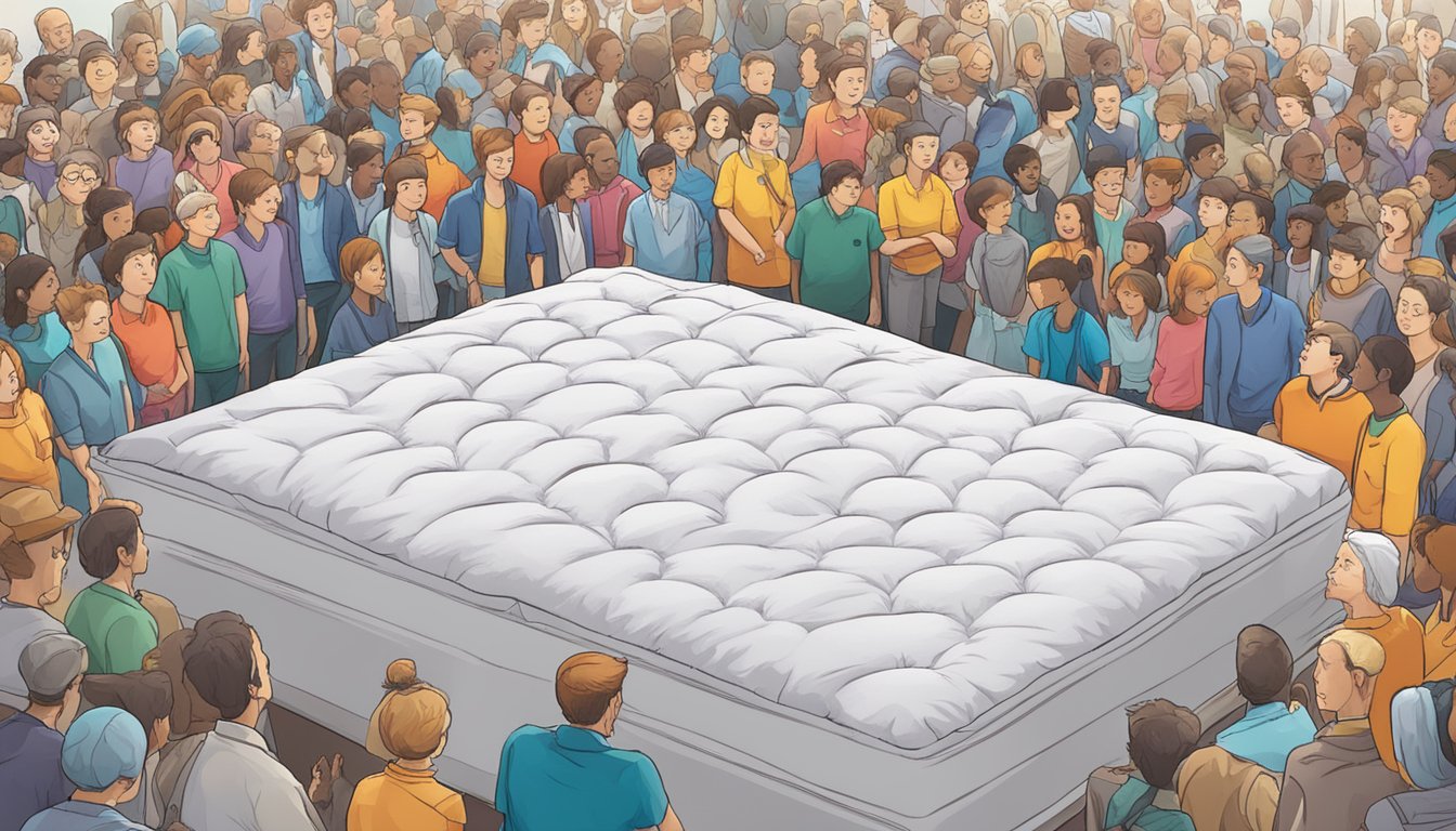 A king size bed with dimensions labeled, surrounded by question marks and a crowd of curious onlookers