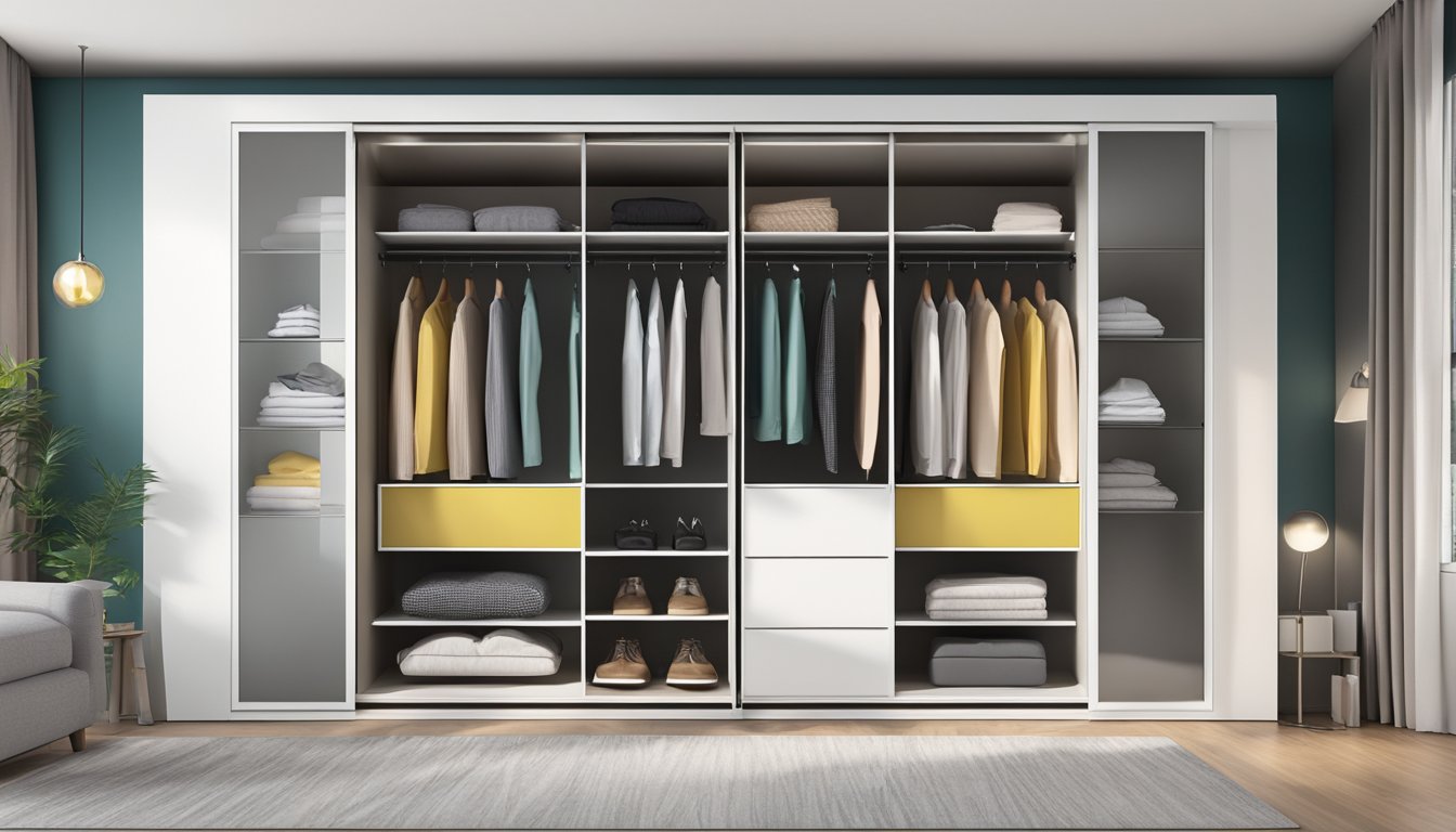 A compact sliding wardrobe with sleek, modern design. Two mirrored doors slide open to reveal organized shelves and hanging space
