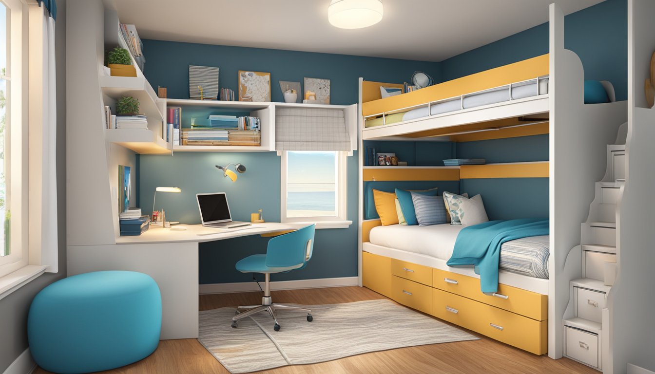 A bunk bed with built-in storage and desk, maximizing bedroom space and functionality