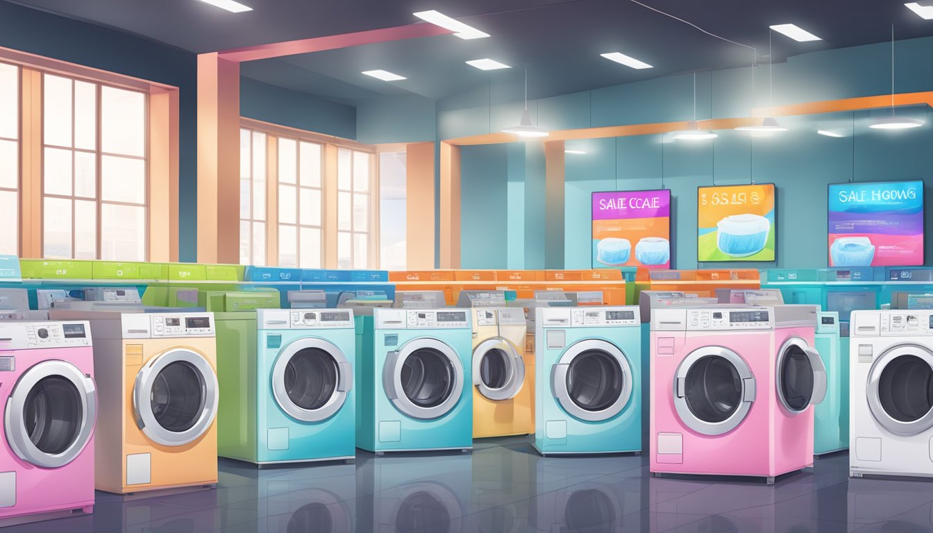 A brightly lit showroom displays rows of top-brand washing machines with vibrant sale tags