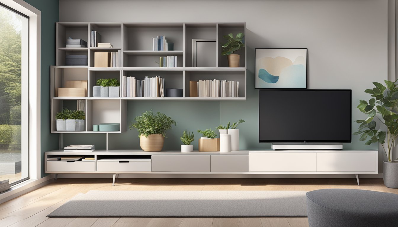 A modern living room with sleek storage boxes neatly arranged on shelves and a coffee table, showcasing their versatility and functionality