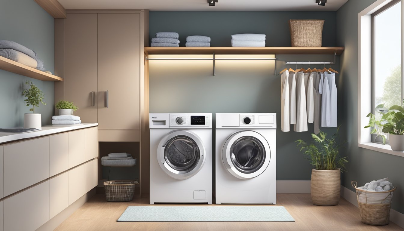 A modern washing machine stands in a bright, clean laundry room, with a sleek design and advanced features. The machine is surrounded by fresh, folded laundry and a sense of efficiency and ease