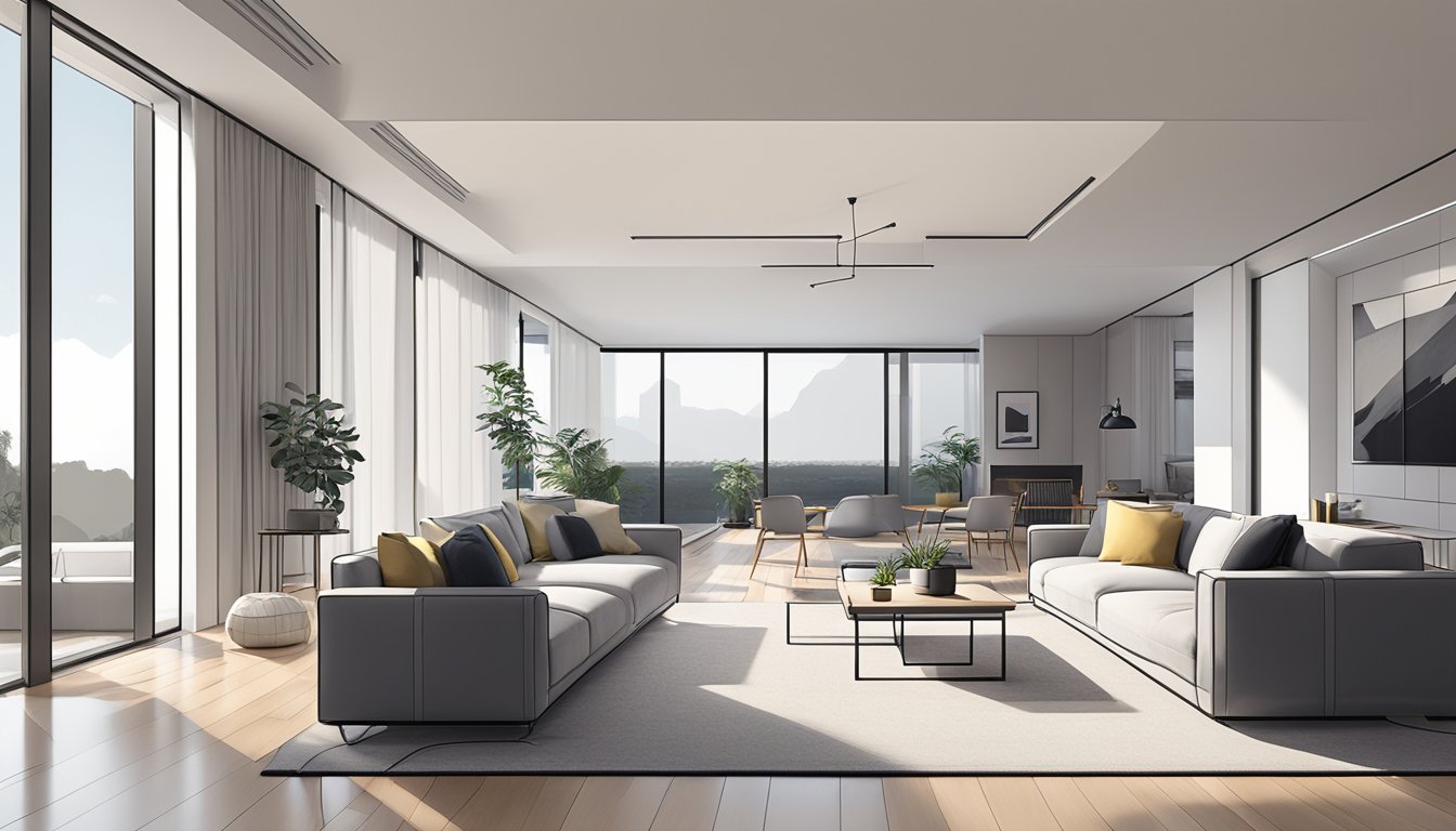 A sleek, monochromatic living room with clean lines, minimal furniture, and large windows allowing natural light to flood the space