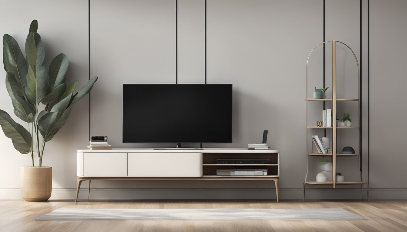 A rounded TV console sits against the wall, with a sleek design and a glossy finish. The console is adorned with minimalistic decor and has a few electronic devices neatly arranged on top