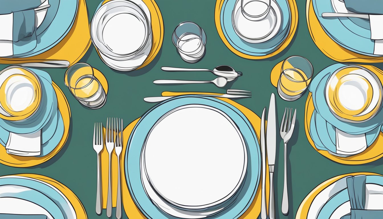 A dining table set for 4 with plates, glasses, and cutlery arranged neatly