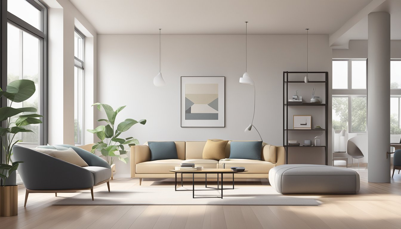 A clean, spacious room with simple, sleek furniture and neutral colors. Geometric shapes and clean lines create a sense of order and simplicity