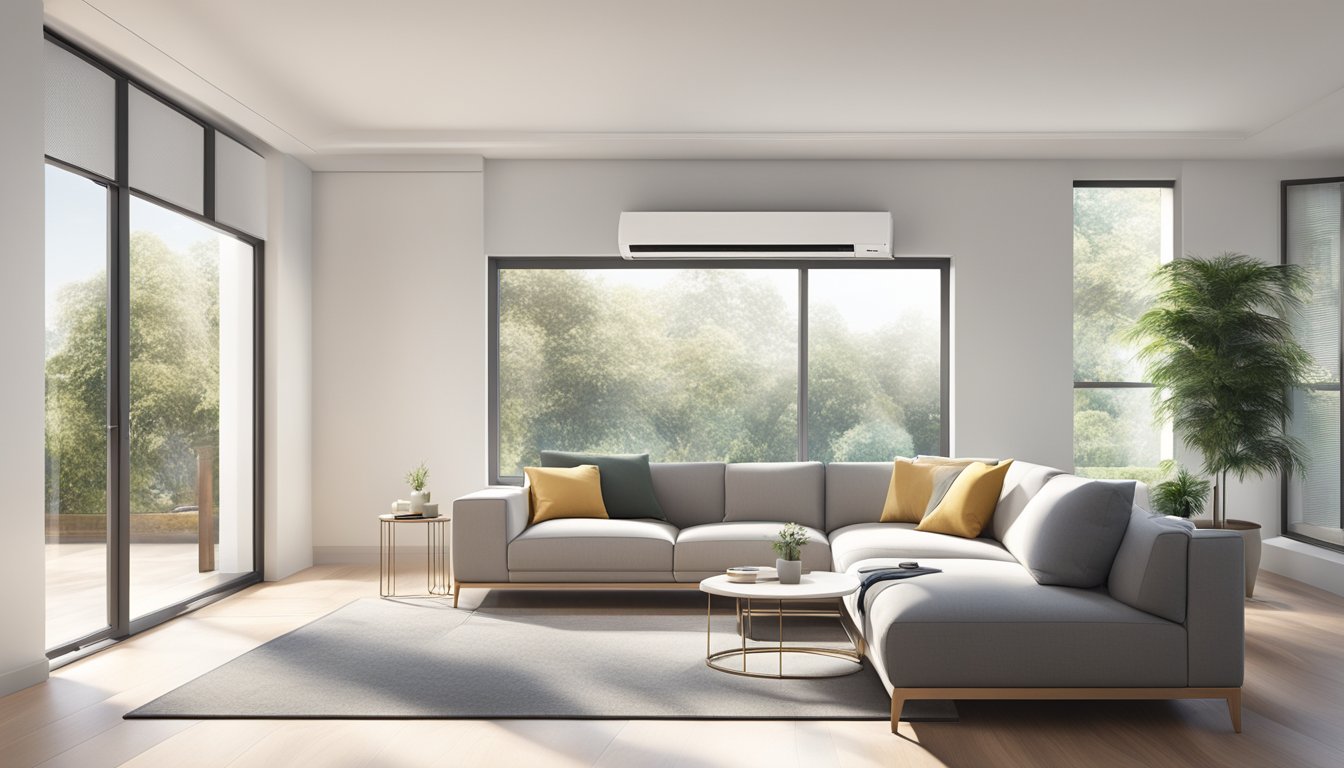 A Mitsubishi electric air conditioner mounted on a white wall, surrounded by a clean and modern living room with minimalist furniture and a large window with natural light streaming in