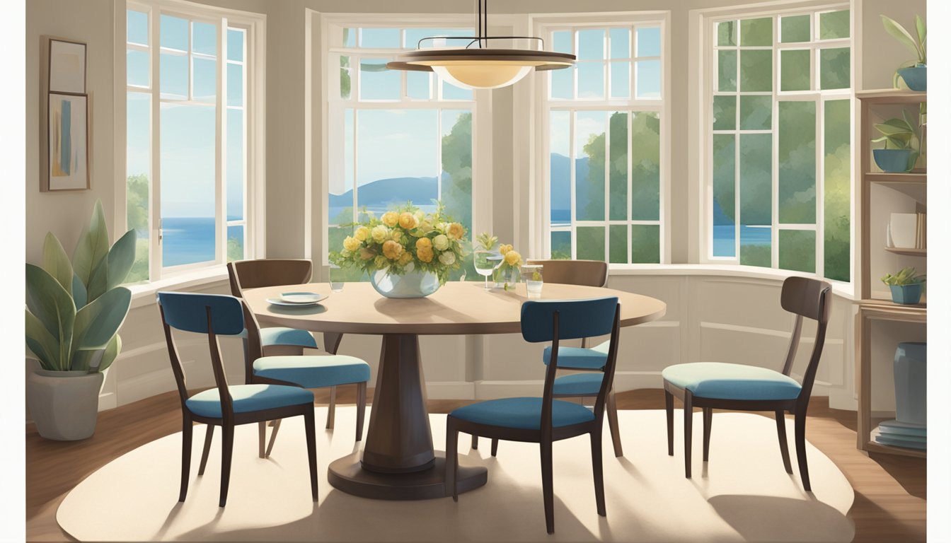 A dining table set for 4 is being chosen, with chairs neatly arranged around a sleek table. The table is adorned with a simple centerpiece, and the whole scene is bathed in natural light from a nearby window