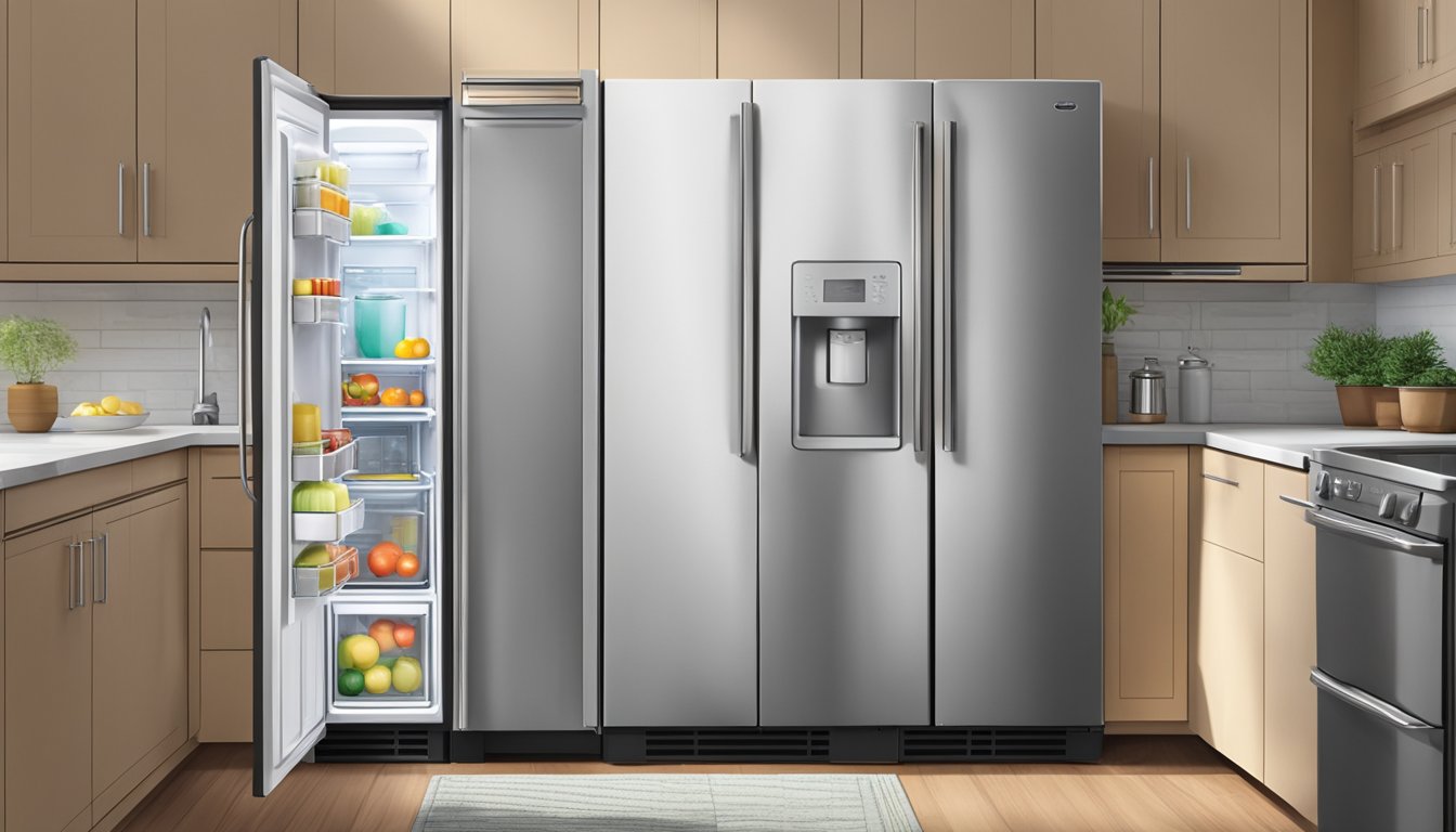 A single door refrigerator stands in a clean, modern kitchen. The stainless steel exterior gleams under the bright overhead lights. The door is closed, with a few magnets and notes attached