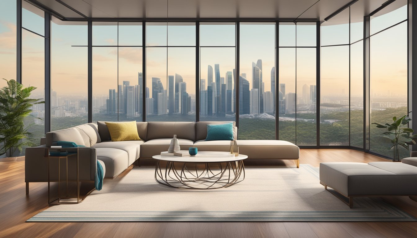 A modern coffee table with a geometric design, made from sustainable wood and metal, sits in a stylish living room with large windows overlooking the city skyline of Singapore