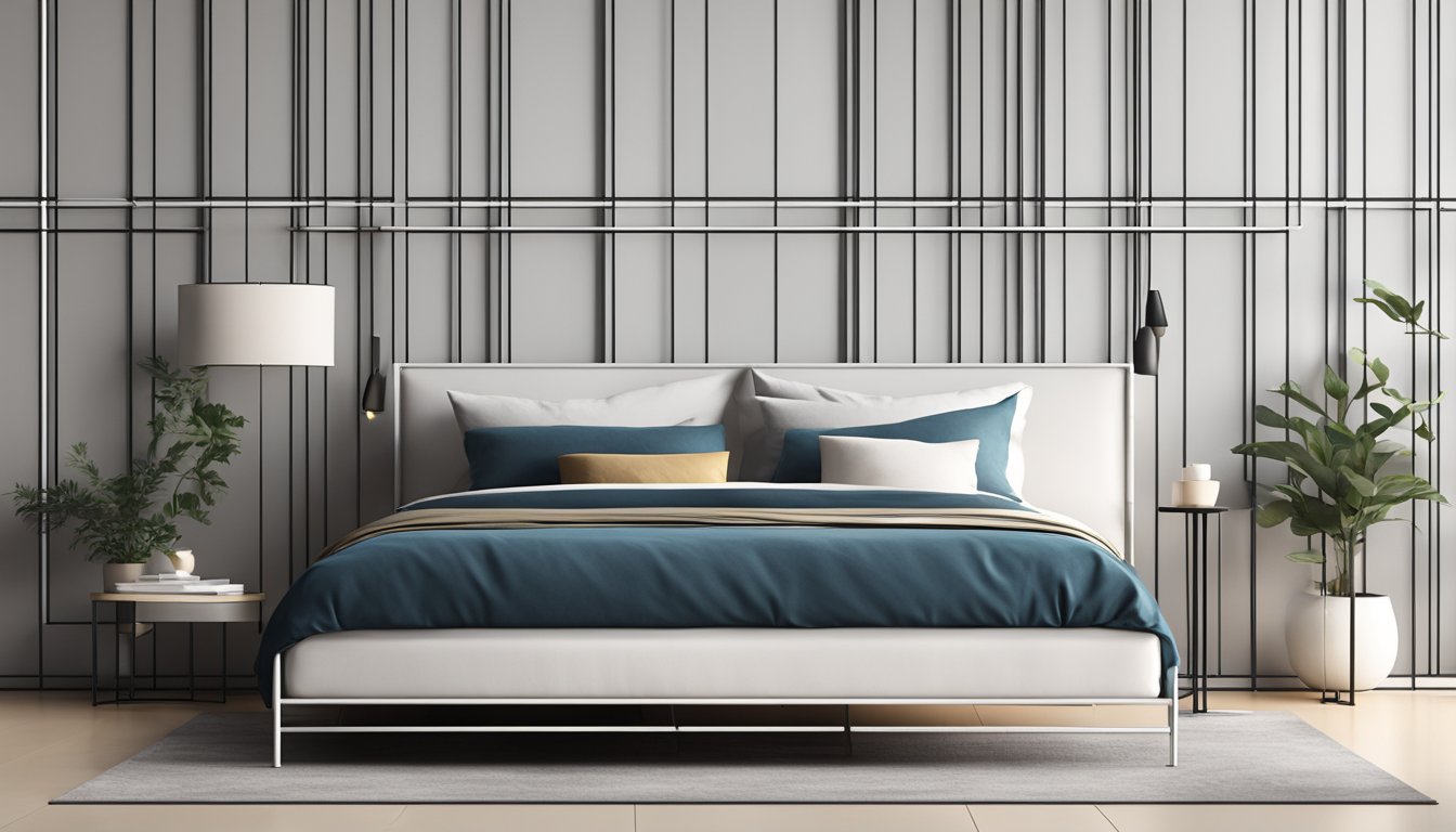 A metal bed frame stands against a bare wall, its sleek lines and geometric patterns creating a modern and minimalist aesthetic