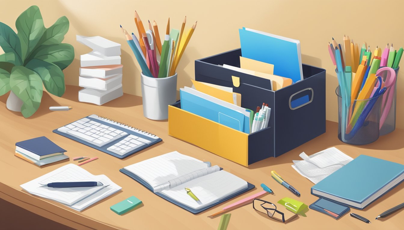 A sturdy storage box labeled "Frequently Asked Questions" sits on a desk in a tidy office, surrounded by neatly organized office supplies