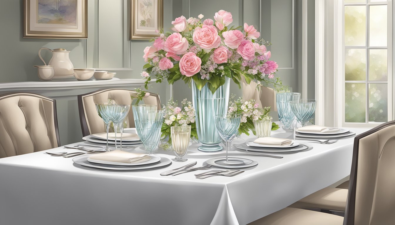 A dining table set for 4 with elegant place settings, sparkling glassware, and a centerpiece of fresh flowers