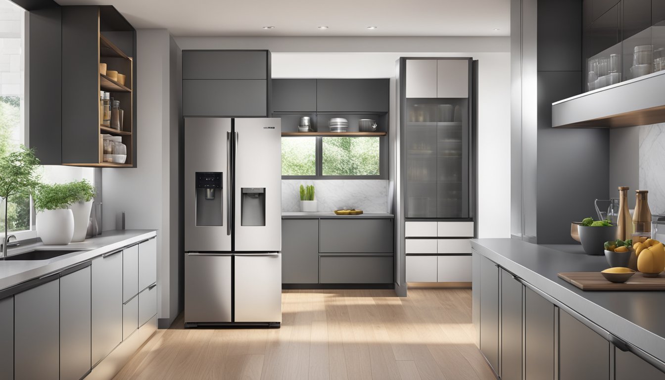 A single door refrigerator stands in a modern kitchen, with clean lines and a sleek design. The fridge is open, revealing organized shelves and compartments inside