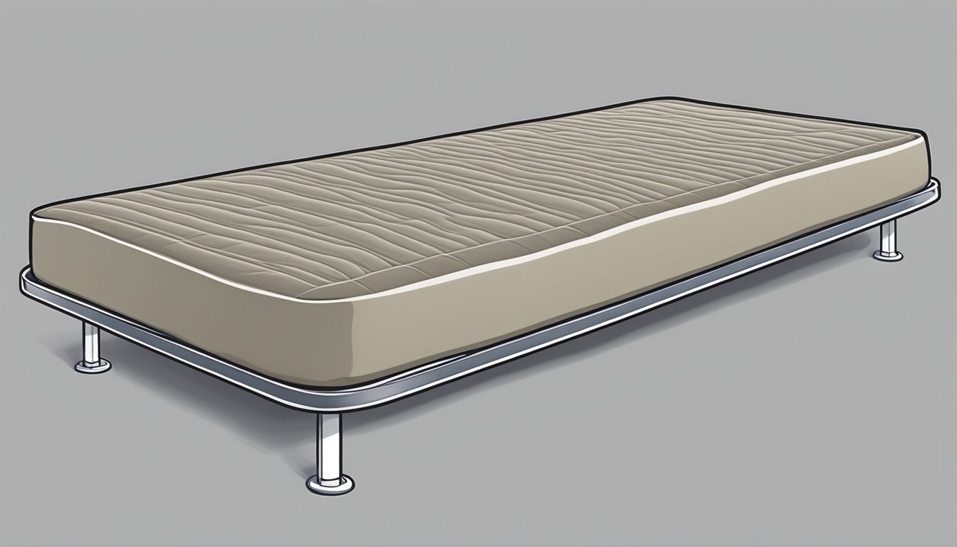 A single bed mattress, measuring 39 inches wide and 75 inches long, sits on a simple metal frame with no headboard