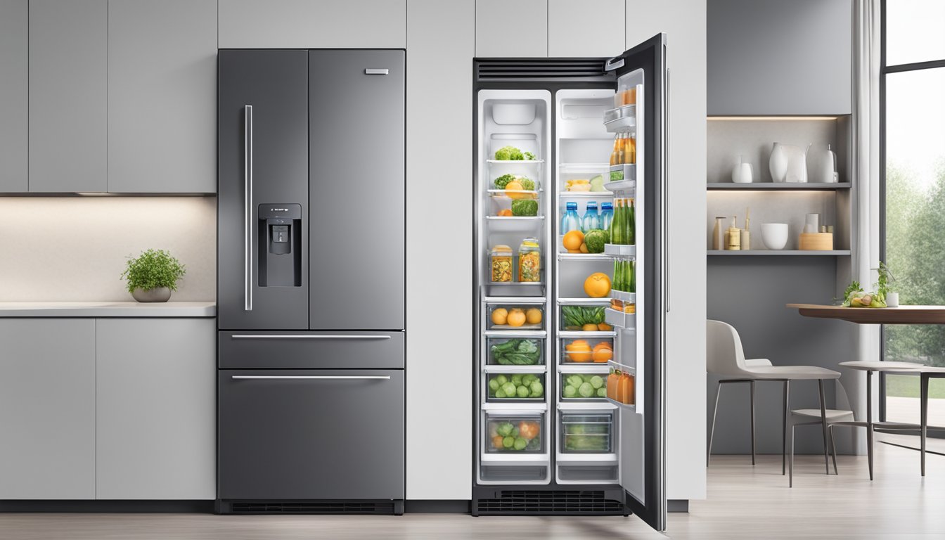 A single door refrigerator with sleek design and innovative features, such as touch screen controls and adjustable shelving