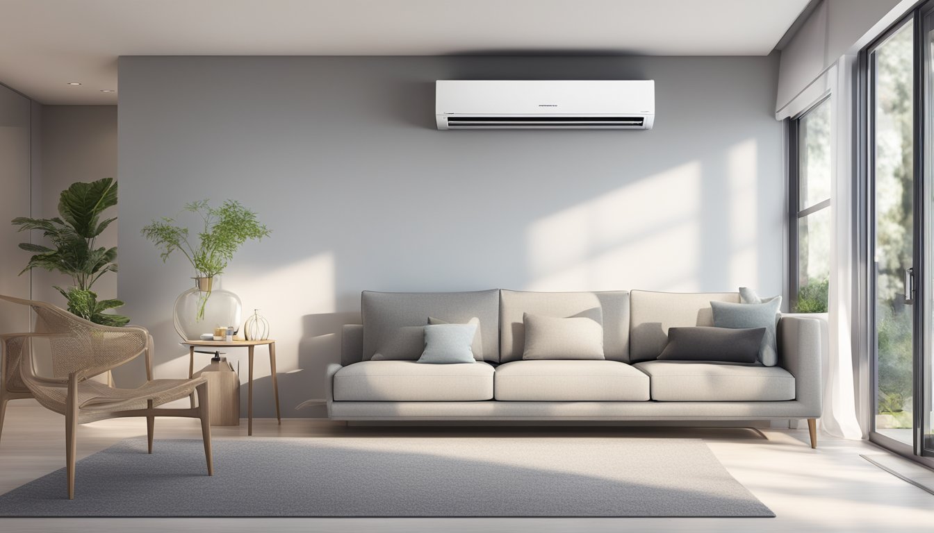 A sleek Mitsubishi Electric air conditioning unit installed on a modern wall, surrounded by clean and minimalist interior decor