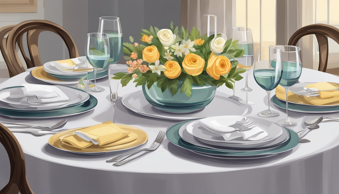 A dining table is set for 4 with neatly arranged plates, utensils, and glasses. A stack of napkins sits in the center, and a vase of flowers adds a touch of elegance