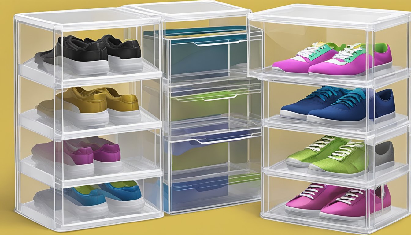 A shoe box storage with innovative features like stackable design, clear front panels, and reinforced handles. Buying guide included