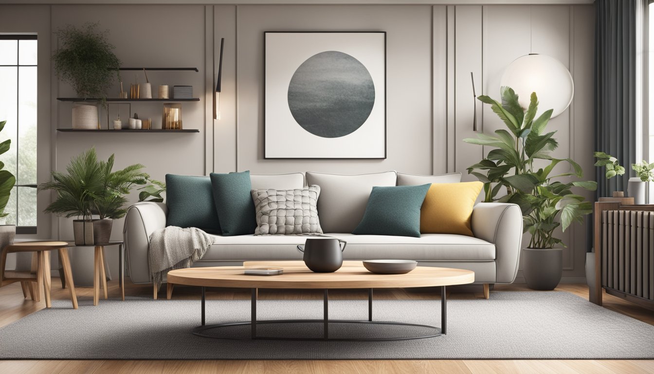 A modern living room with a sleek, round coffee table as the centerpiece. The table is made of natural wood with metal accents, surrounded by a cozy sofa and a plush rug