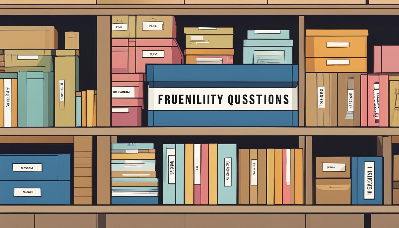 A shoe box labeled "Frequently Asked Questions" sits on a shelf, surrounded by other neatly organized boxes