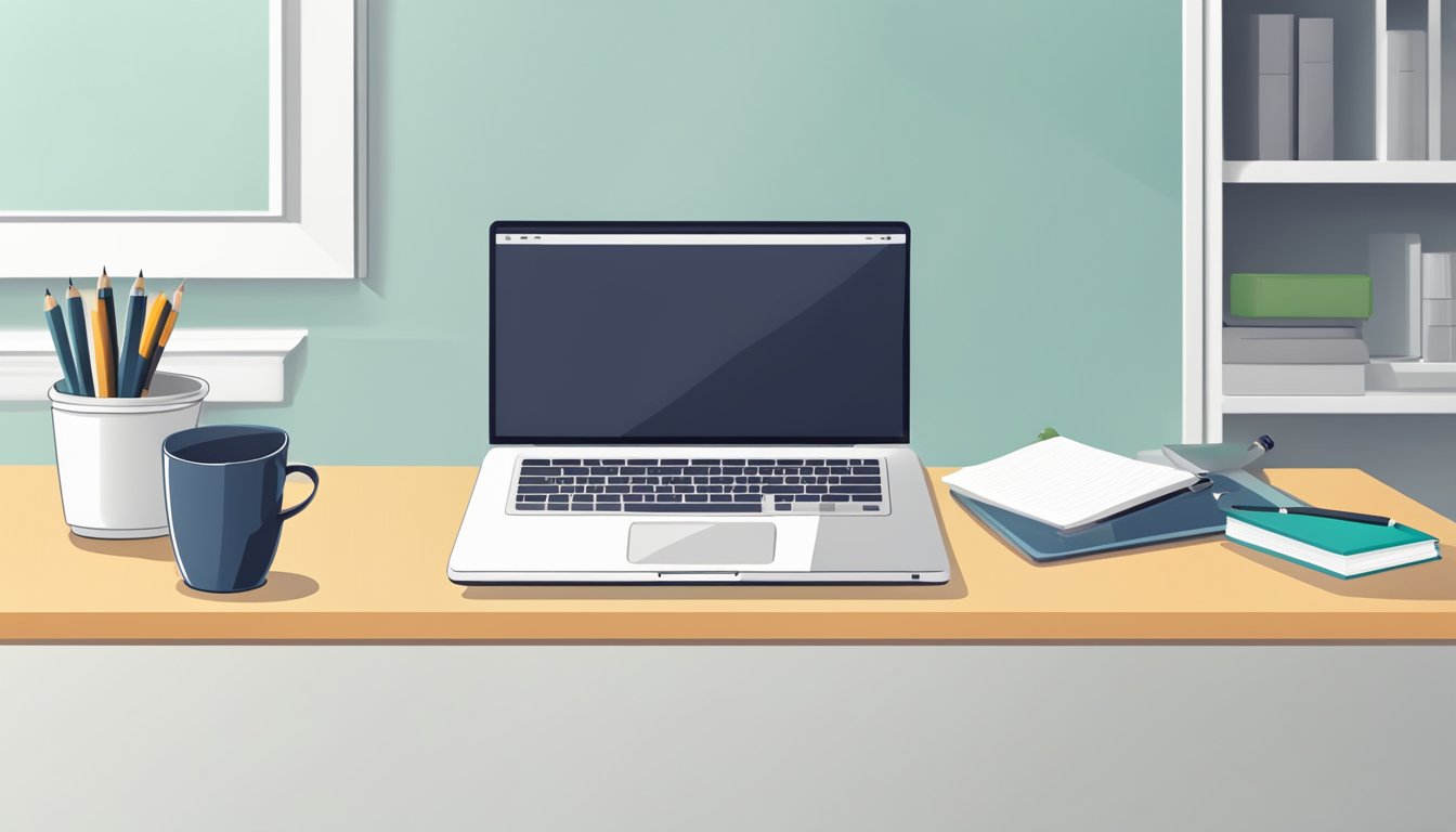 A clean, simple desk with a laptop, notebook, and pen. A "FAQ" sign on the wall. White background, minimal decor