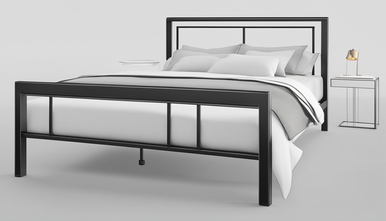 A metal bed frame with clean lines and a sleek design, featuring a minimalist and modern aesthetic
