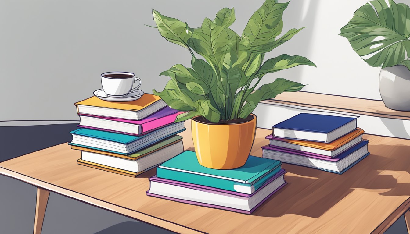 A modern, sleek coffee table with a stack of colorful, eye-catching books and a small potted plant as a centerpiece