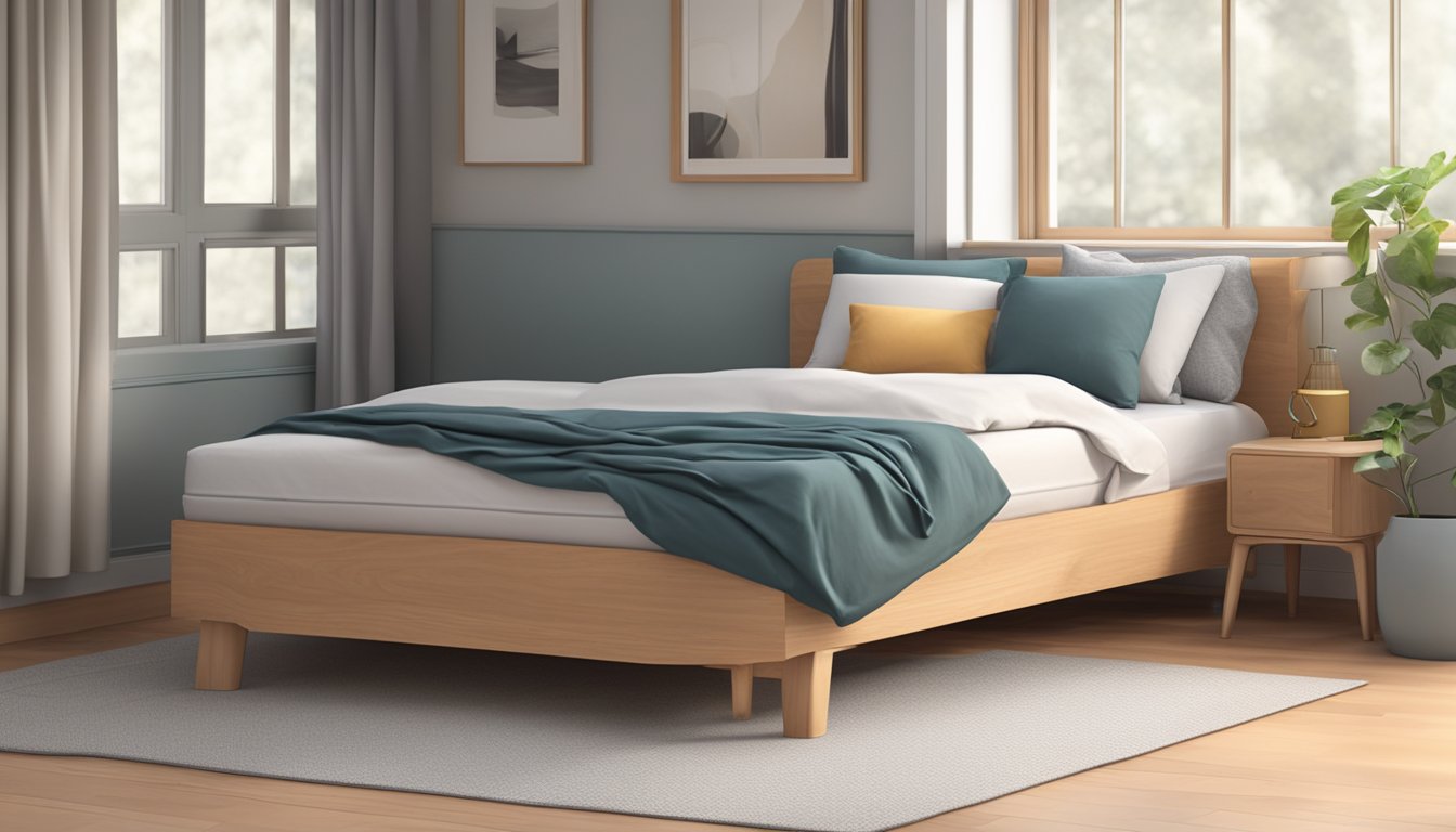 A single bed mattress sits in a cozy bedroom, surrounded by pillows and blankets. The mattress is the perfect size for the space, inviting rest and relaxation