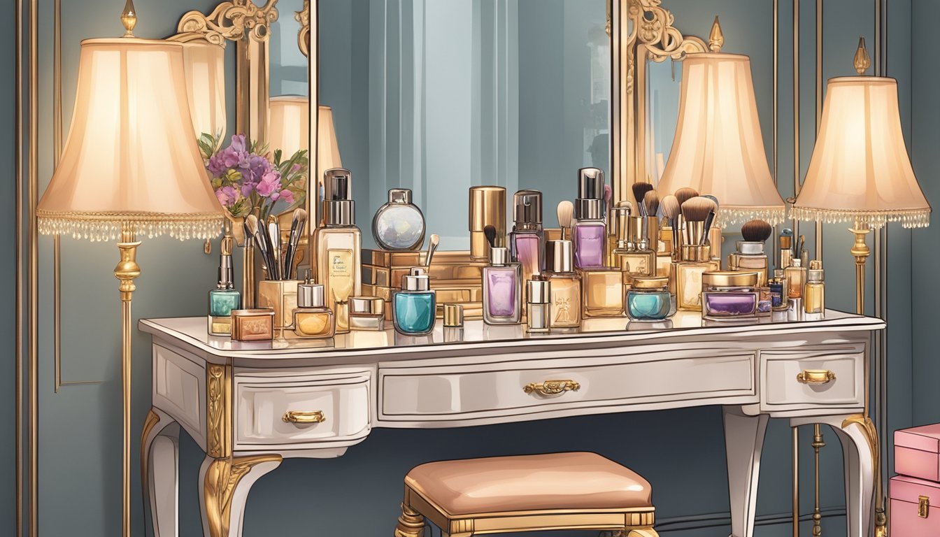 A vanity table with a large ornate mirror, adorned with perfume bottles, makeup brushes, and a jewelry box. A soft, elegant lighting casts a warm glow over the scene