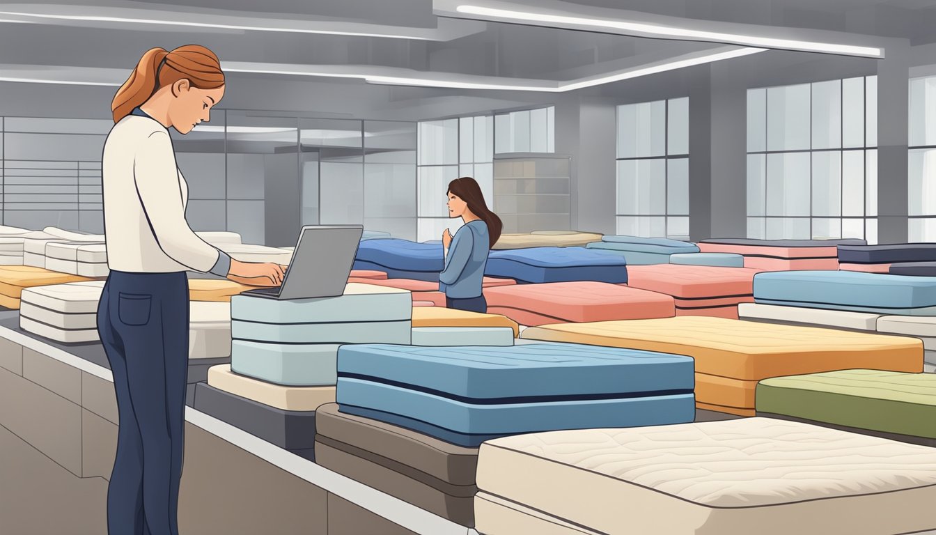 A customer browsing through various mattresses in a showroom, comparing prices and testing out different levels of firmness for comfort