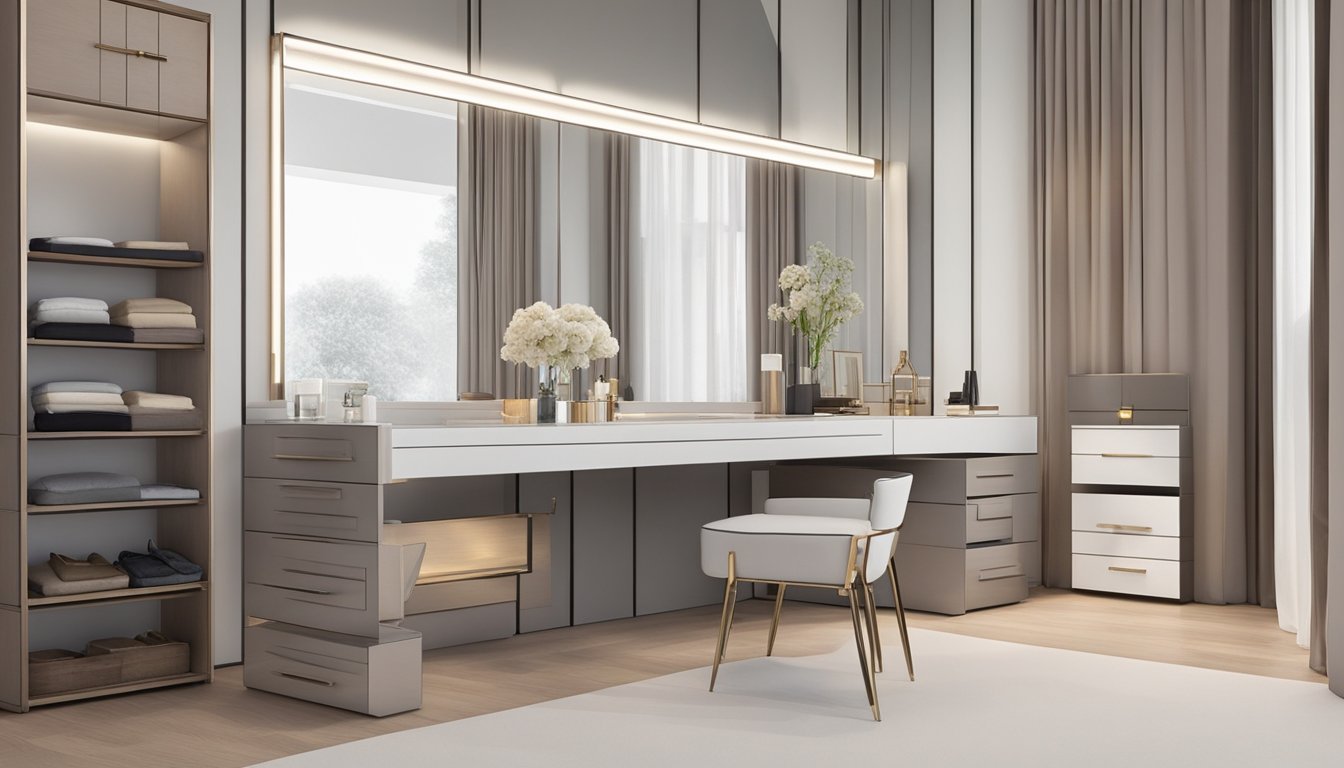 A sleek, modern vanity table with a large, rectangular mirror. The table features multiple drawers and compartments for storage, and a built-in light fixture around the mirror for optimal visibility